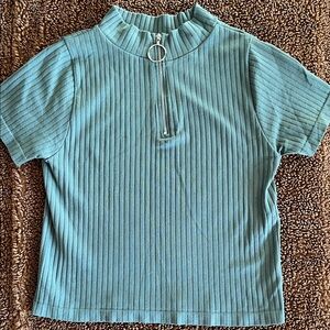 Y2K Ribbed Teal Zip-Up Women's Top